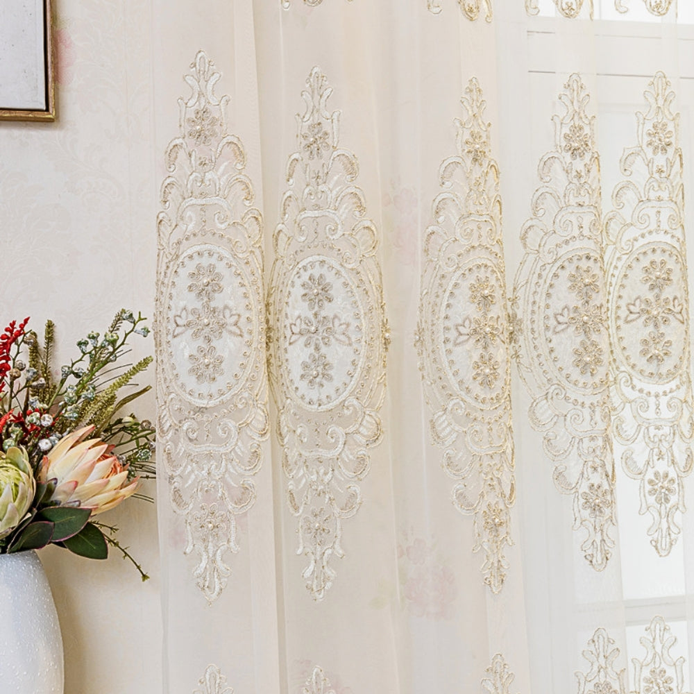 Sheer Lace Curtain Embroidered Tulle Grommet Top