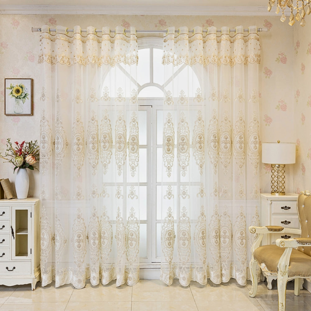 Sheer Lace Curtain Embroidered Tulle Grommet Top