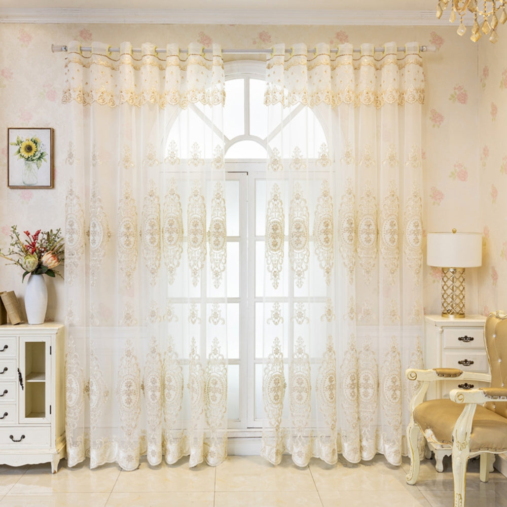 Sheer Lace Curtain Embroidered Tulle Grommet Top