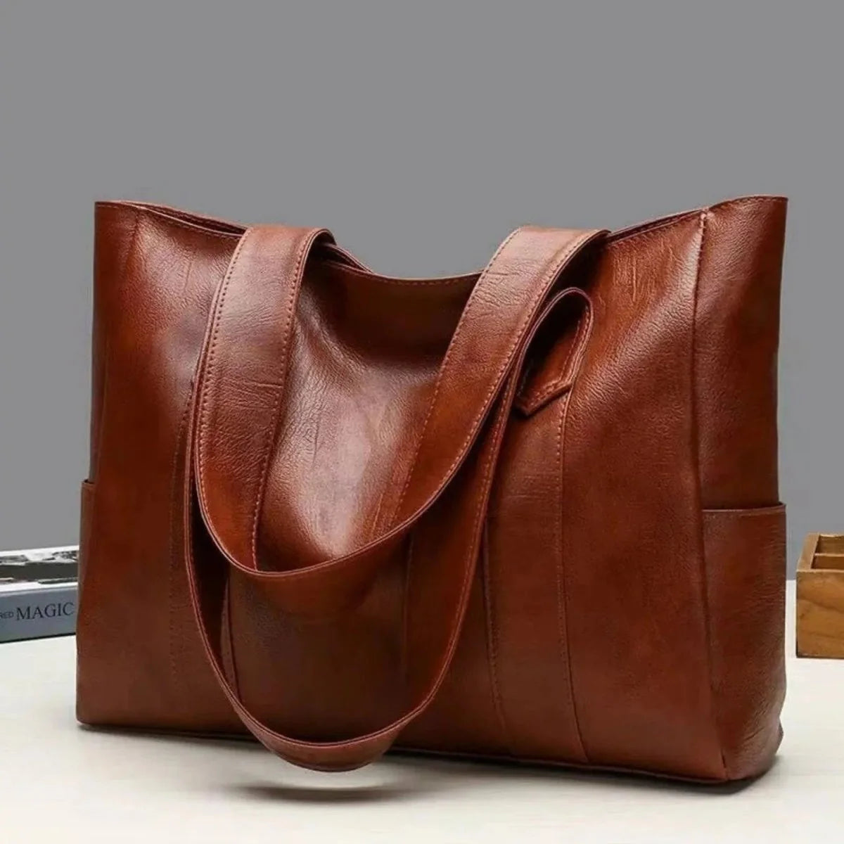 Shoulder Bag Smooth PU Leather Zipper Closure Interior Pockets