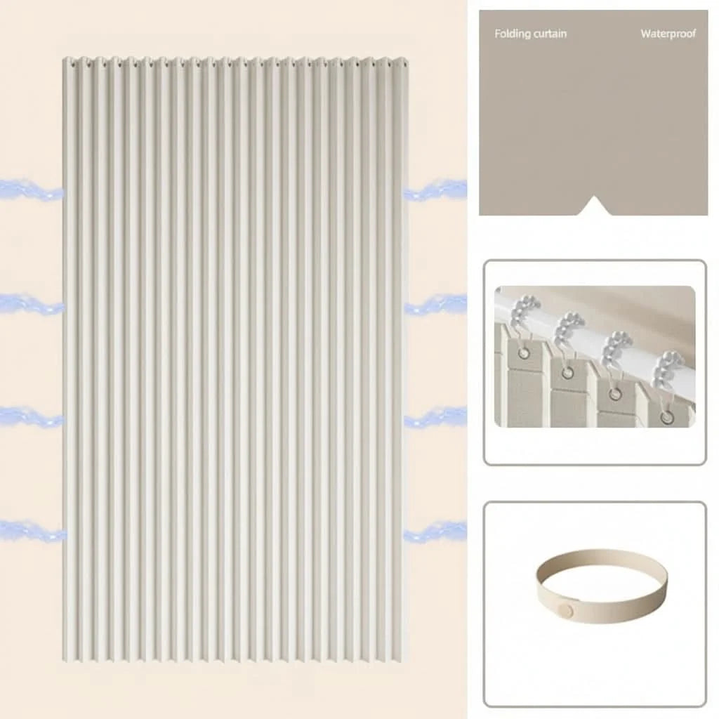 Shower Curtain Foldable Pleated Magnetic Edges & Weighted Hem