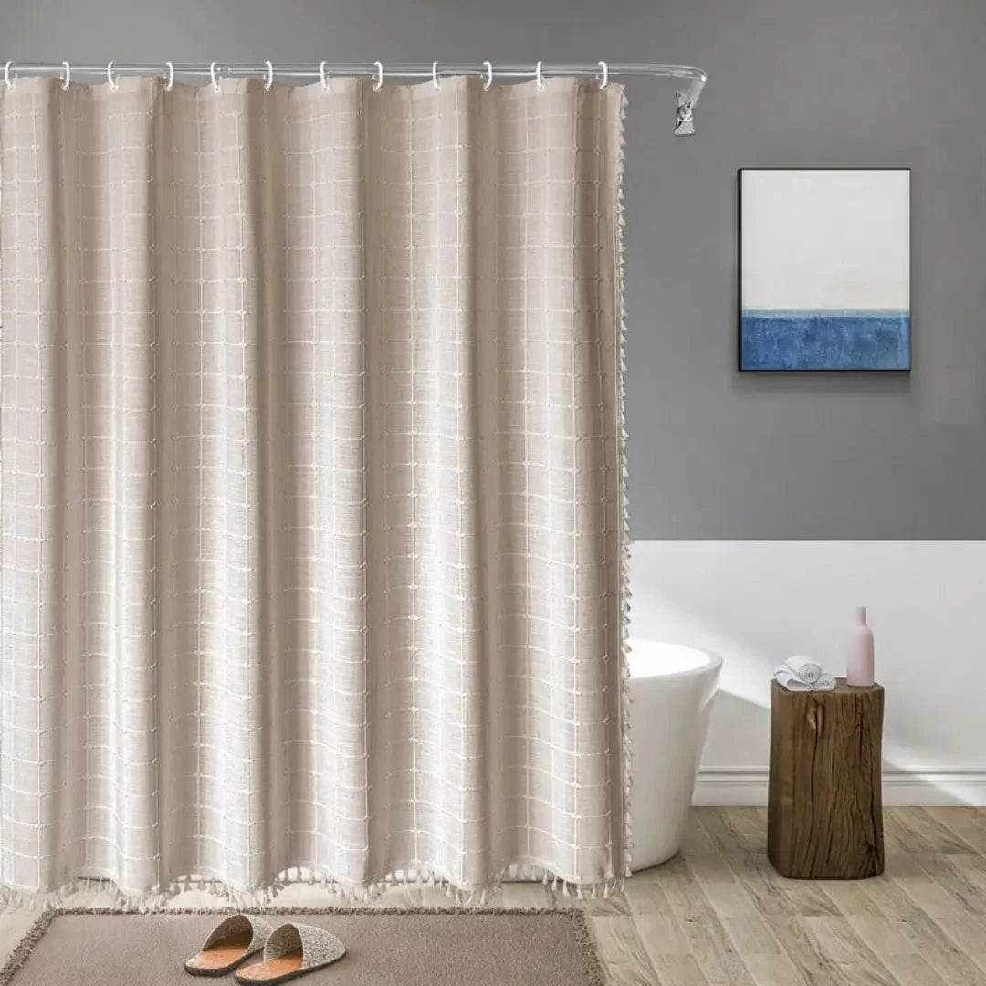 Shower Curtain Linen Waterproof Quick-Drying With Tassel Trim