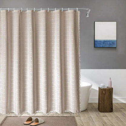 Shower Curtain Linen Waterproof Quick-Drying With Tassel Trim