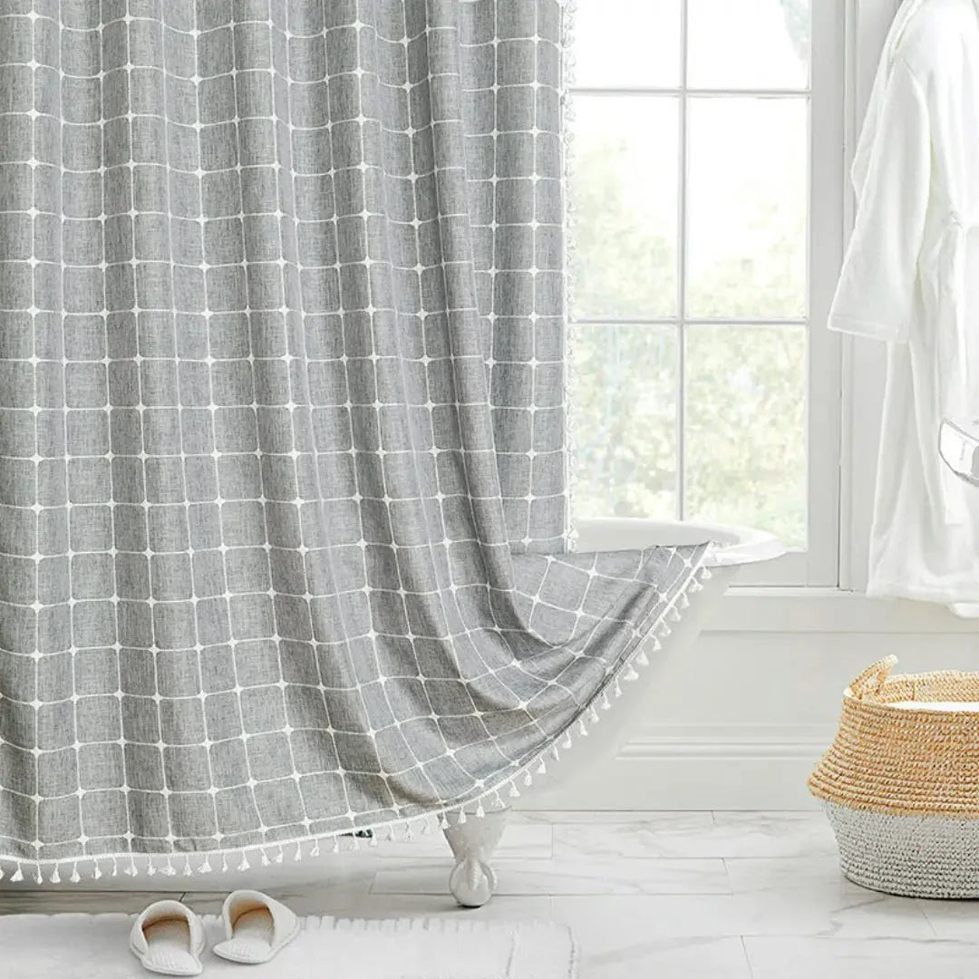 Shower Curtain Linen Waterproof Quick-Drying With Tassel Trim