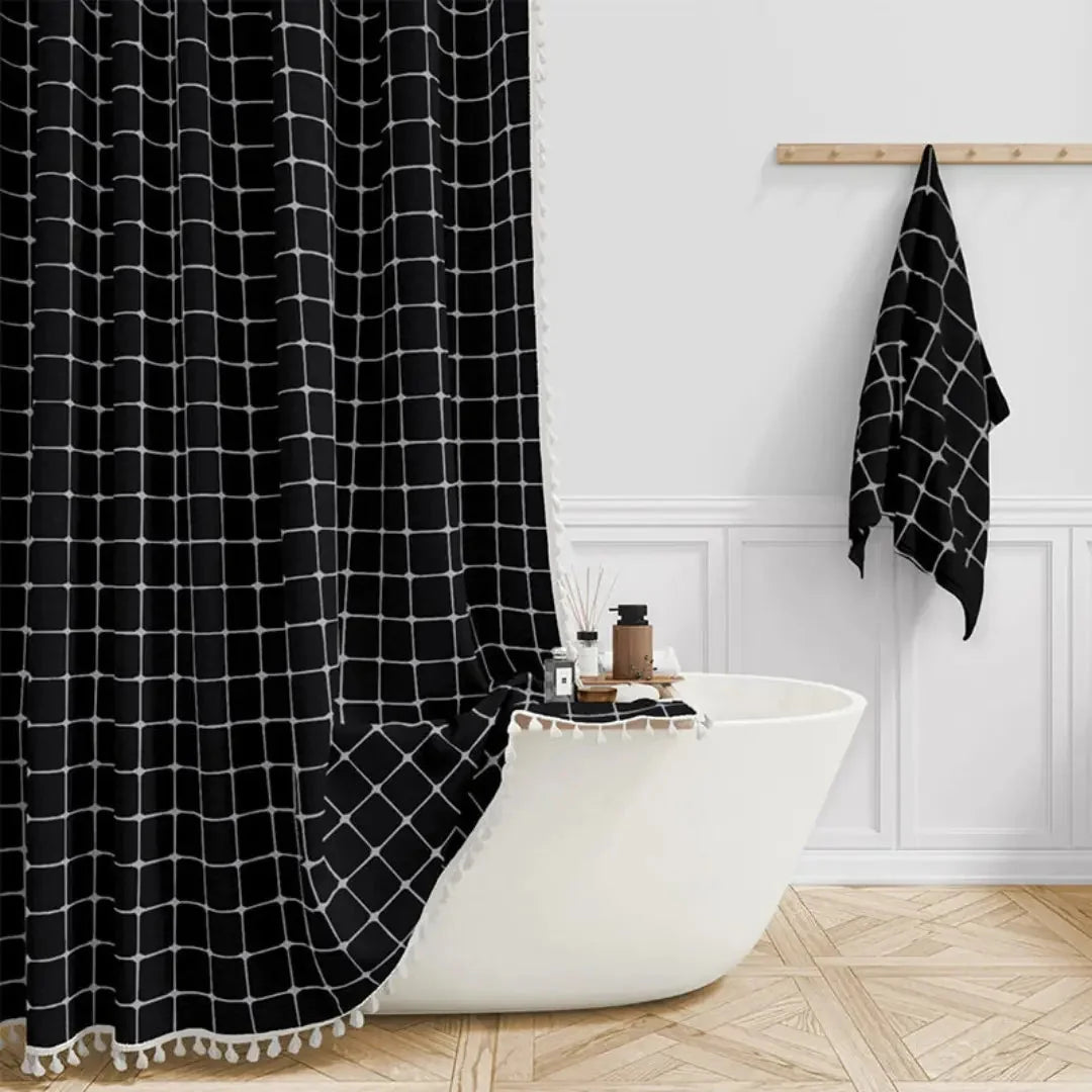 Shower Curtain Linen Waterproof Quick-Drying With Tassel Trim