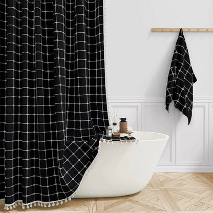 Shower Curtain Linen Waterproof Quick-Drying With Tassel Trim