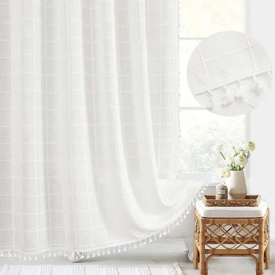 Shower Curtain Linen Waterproof Quick-Drying With Tassel Trim