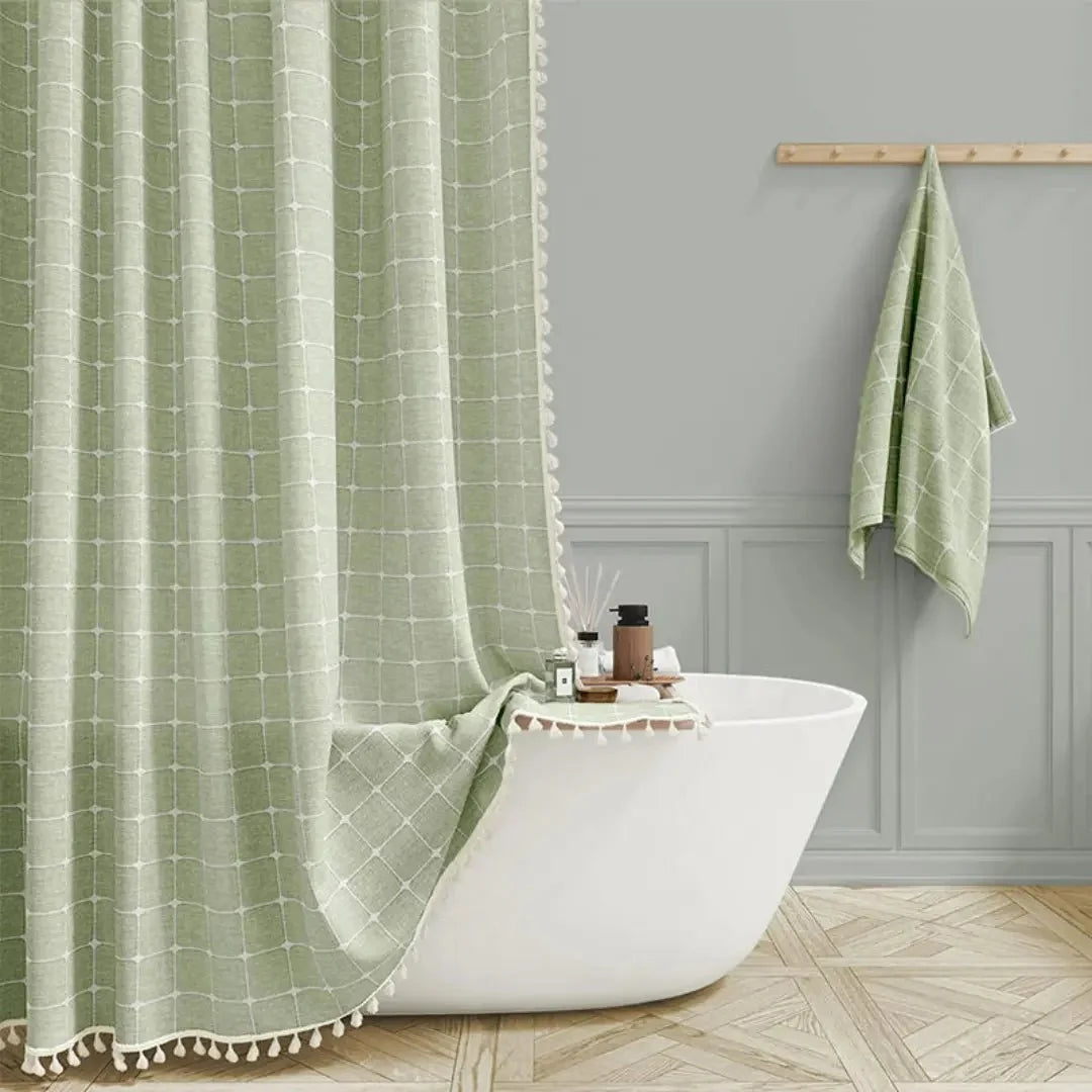 Shower Curtain Linen Waterproof Quick-Drying With Tassel Trim