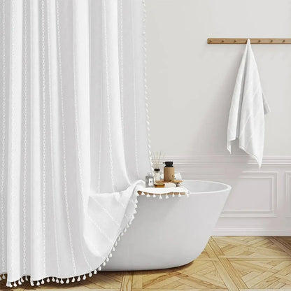 Shower Curtain Linen Waterproof Quick-Drying With Tassel Trim