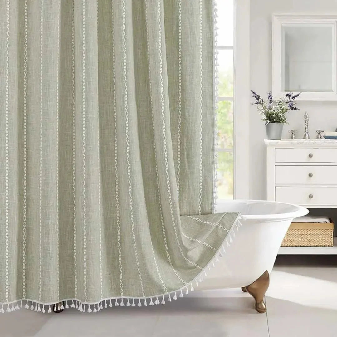 Shower Curtain Linen Waterproof Quick-Drying With Tassel Trim