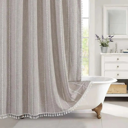 Shower Curtain Linen Waterproof Quick-Drying With Tassel Trim