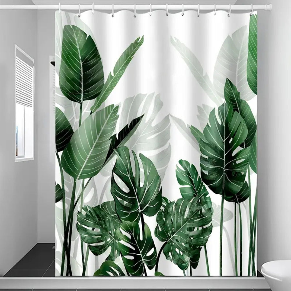 Shower Curtain Monstera Print Waterproof Polyester Includes Hooks