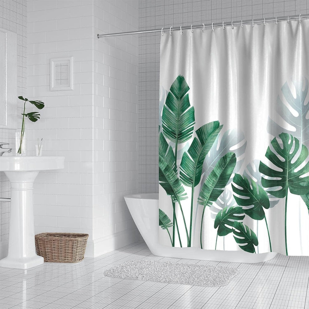 Shower Curtain Monstera Print Waterproof Polyester Includes Hooks