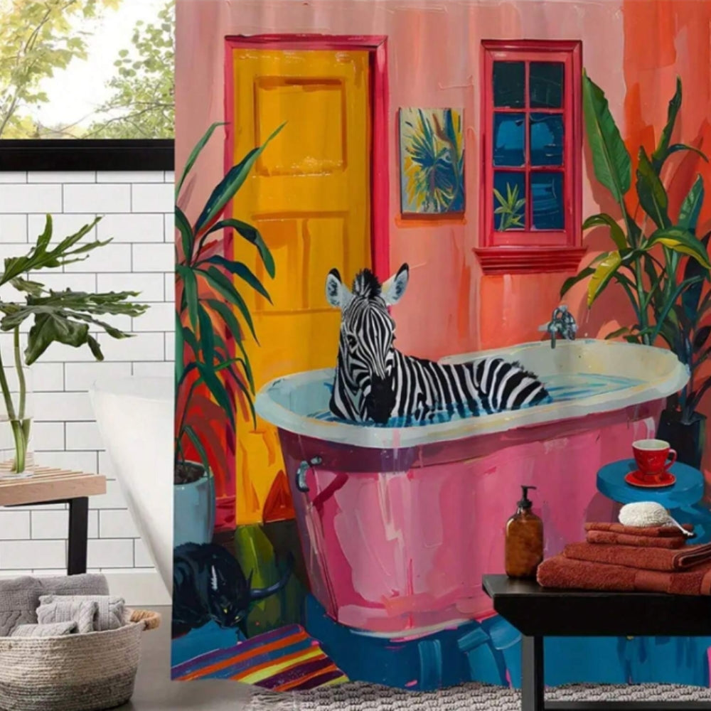 Shower Curtain Playful Pink Zebra Water-Resistant Machine-Washable