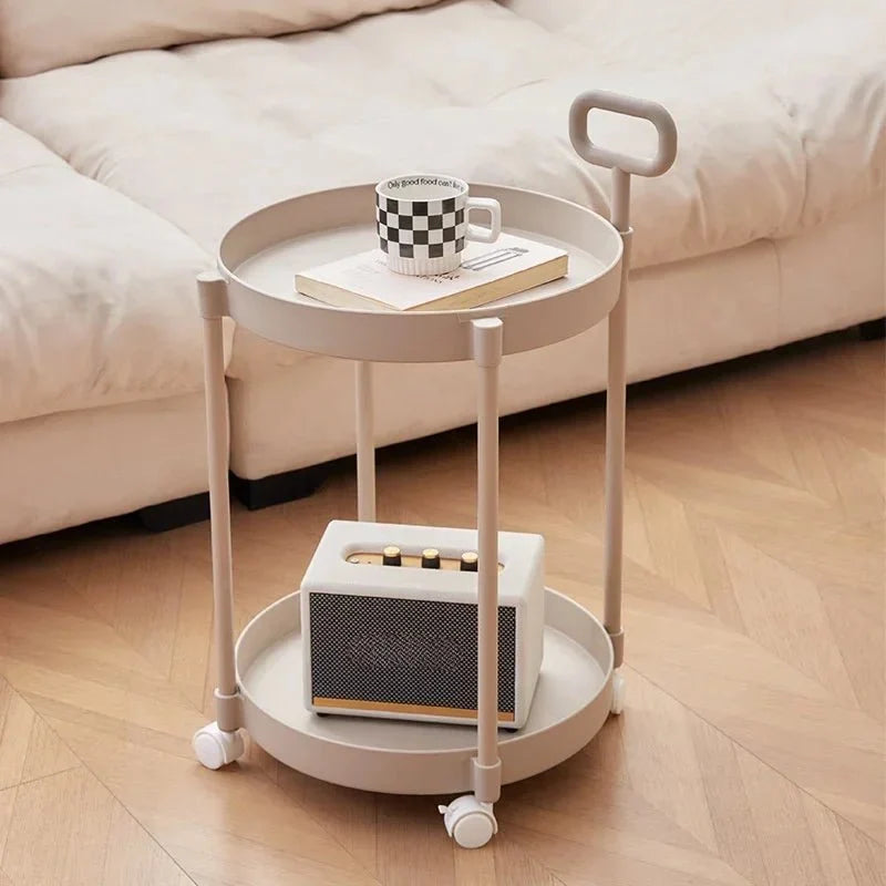 Side Table 2-Tier Storage Rolling Casters Integrated Handle