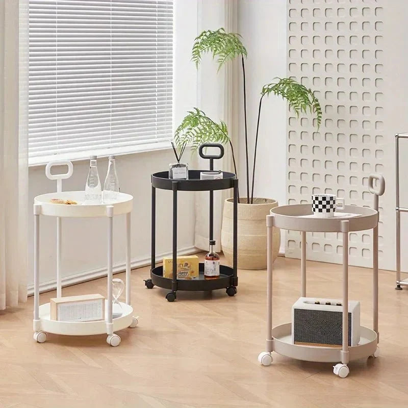 Side Table 2-Tier Storage Rolling Casters Integrated Handle