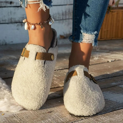 Slip-On Slippers Lambswool-Like Lining & Non-Slip Rubber Sole