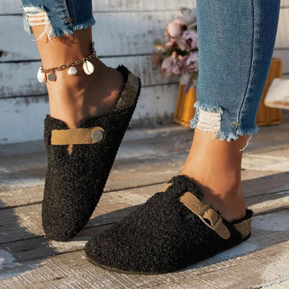 Slip-On Slippers Lambswool-Like Lining & Non-Slip Rubber Sole