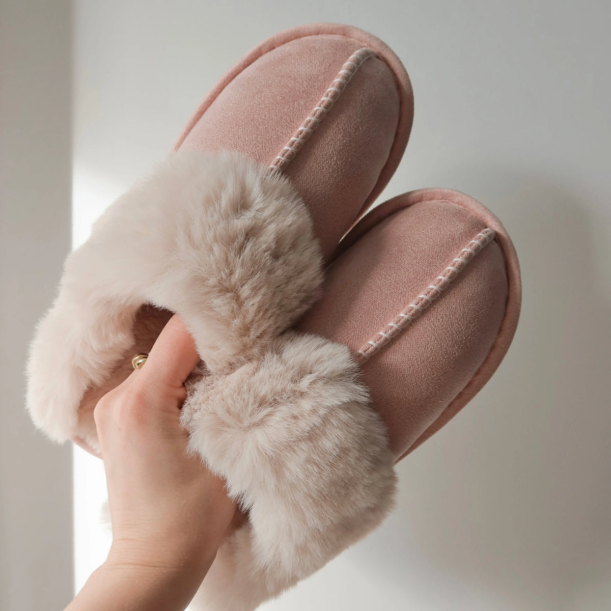 Slippers Faux Fur Upper Rubber Sole Slip-On Design