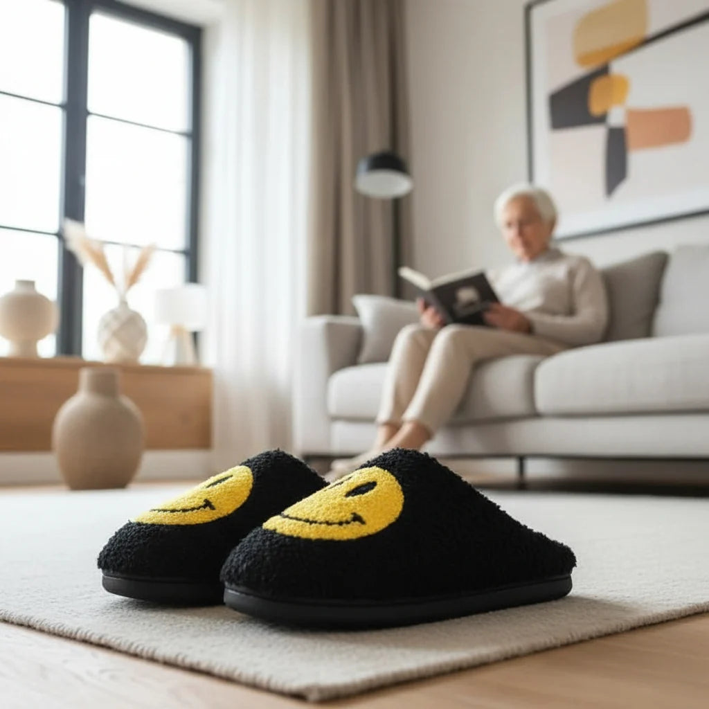 Slippers Faux-Sherpa Lined Silicone Sole Smiley Design
