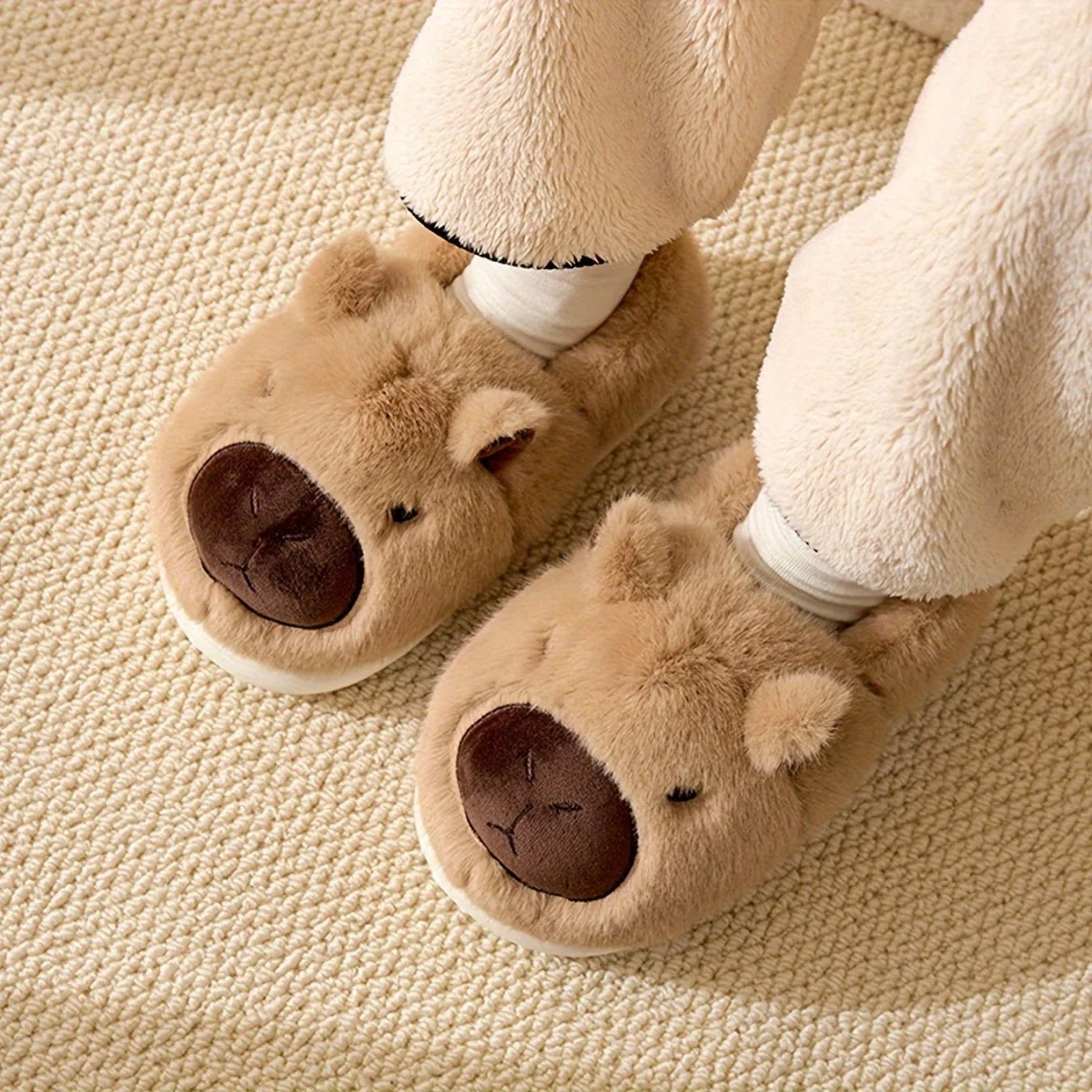 Slippers Plush Capybara Design Non-Slip Sole Cozy Indoor Comfort