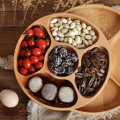 Snack Serving Tray Natural Wood Rotating Carousel 5-Compartment