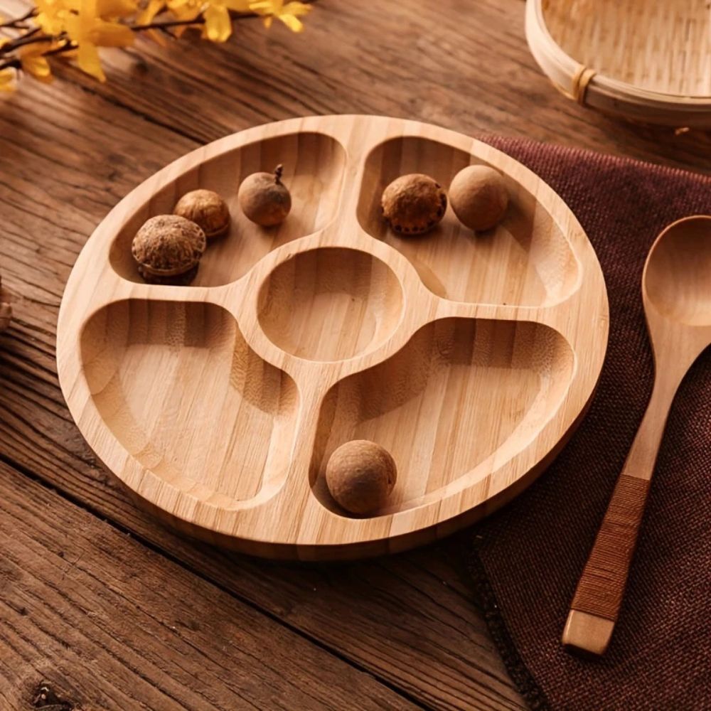 Snack Serving Tray Natural Wood Rotating Carousel 5-Compartment