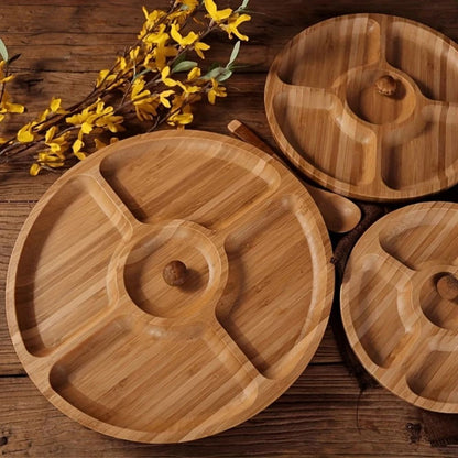 Snack Serving Tray Natural Wood Rotating Carousel 5-Compartment