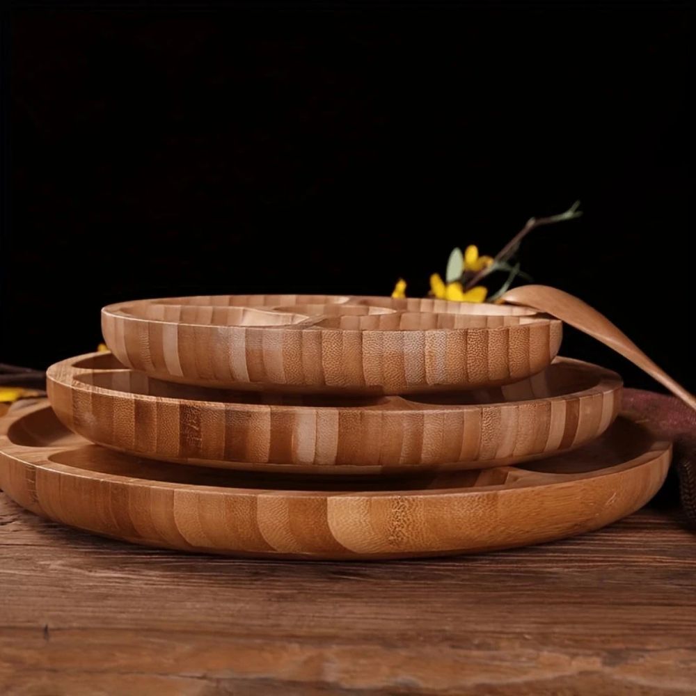Snack Serving Tray Natural Wood Rotating Carousel 5-Compartment