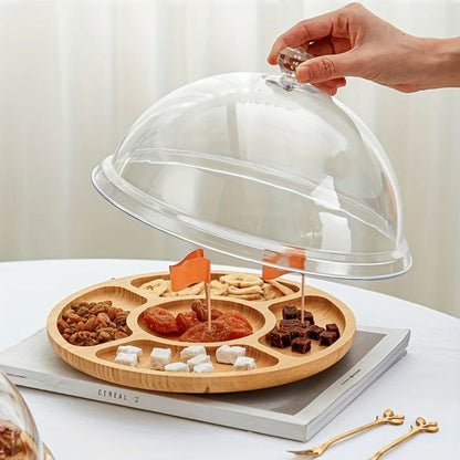 Snack Serving Tray Natural Wood Rotating Carousel 5-Compartment