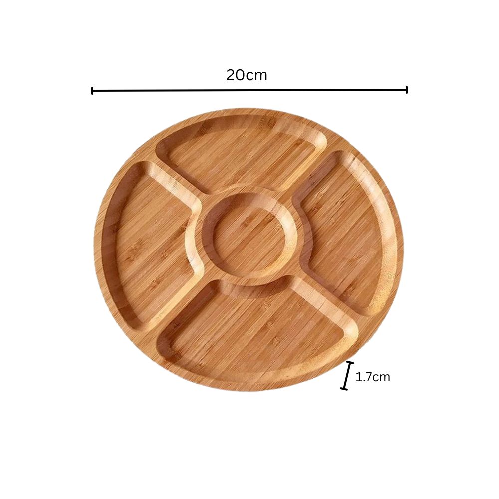 Snack Serving Tray Natural Wood Rotating Carousel 5-Compartment