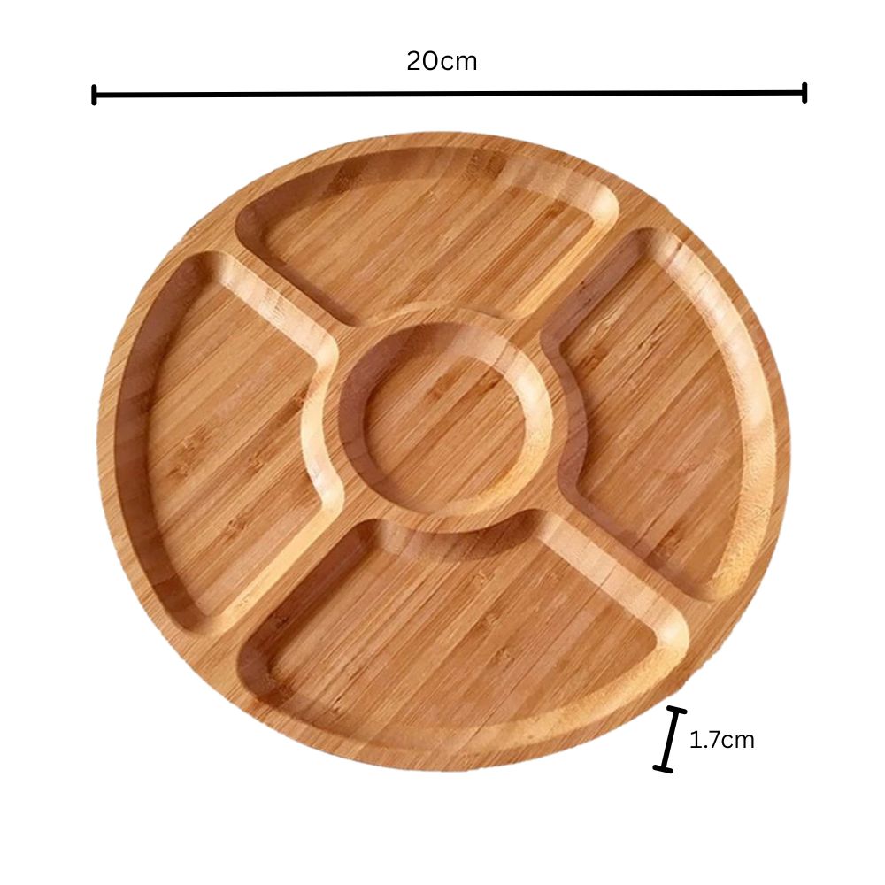 Snack Serving Tray Natural Wood Rotating Carousel 5-Compartment