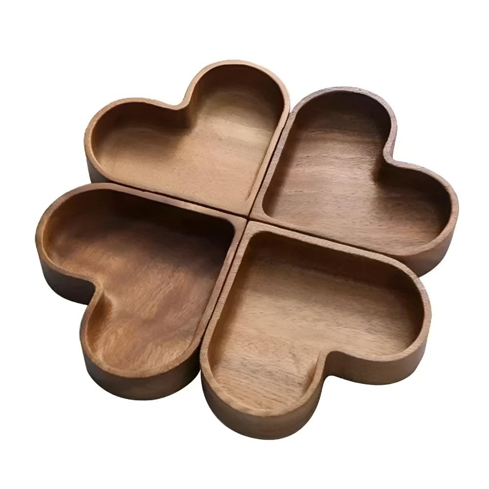 Snack Tray Heart-Shaped Solid Nut Wood Set Of 4