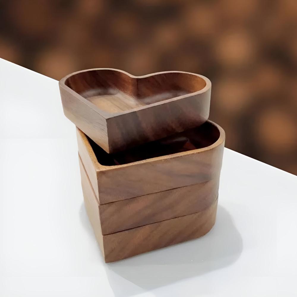 Snack Tray Heart-Shaped Solid Nut Wood Set Of 4