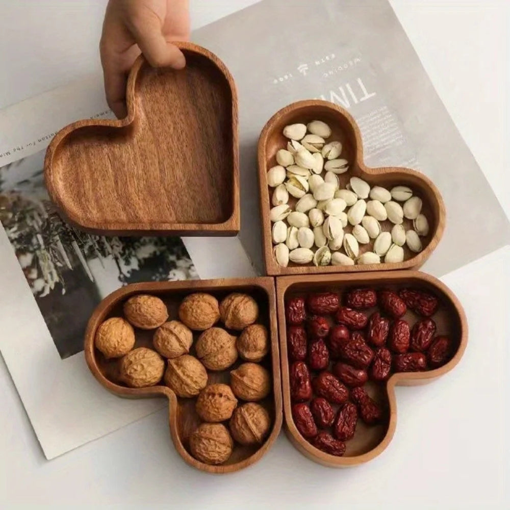 Snack Tray Set Heart-Shaped Solid Nut Wood
