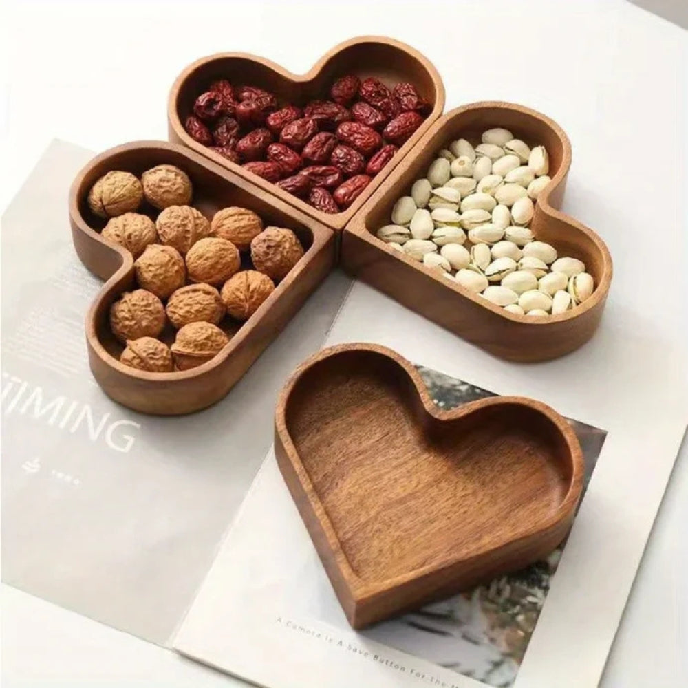 Snack Tray Set Heart-Shaped Solid Nut Wood