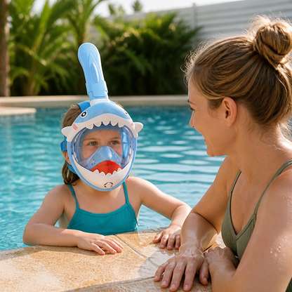 Snorkel Mask Kids Full-Face Shark Design Panoramic Visor