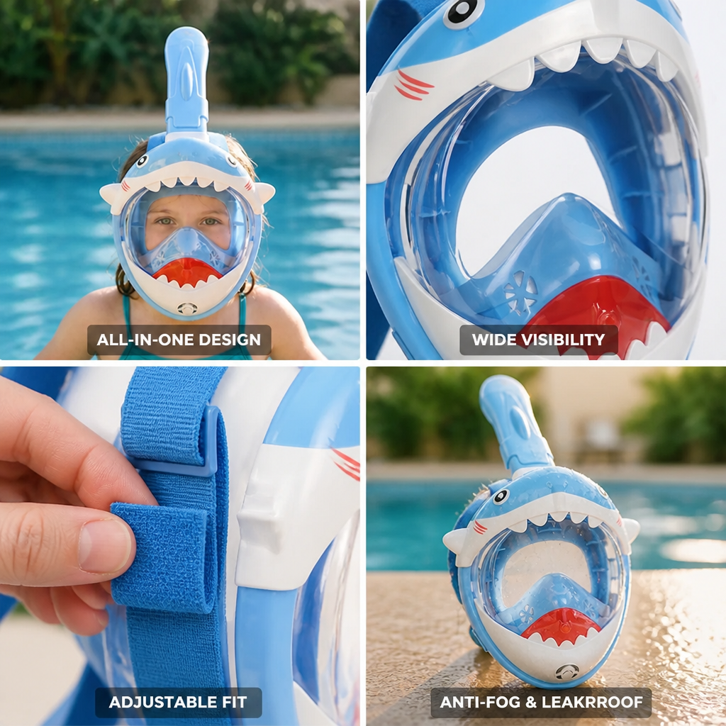 Snorkel Mask Kids Full-Face Shark Design Panoramic Visor