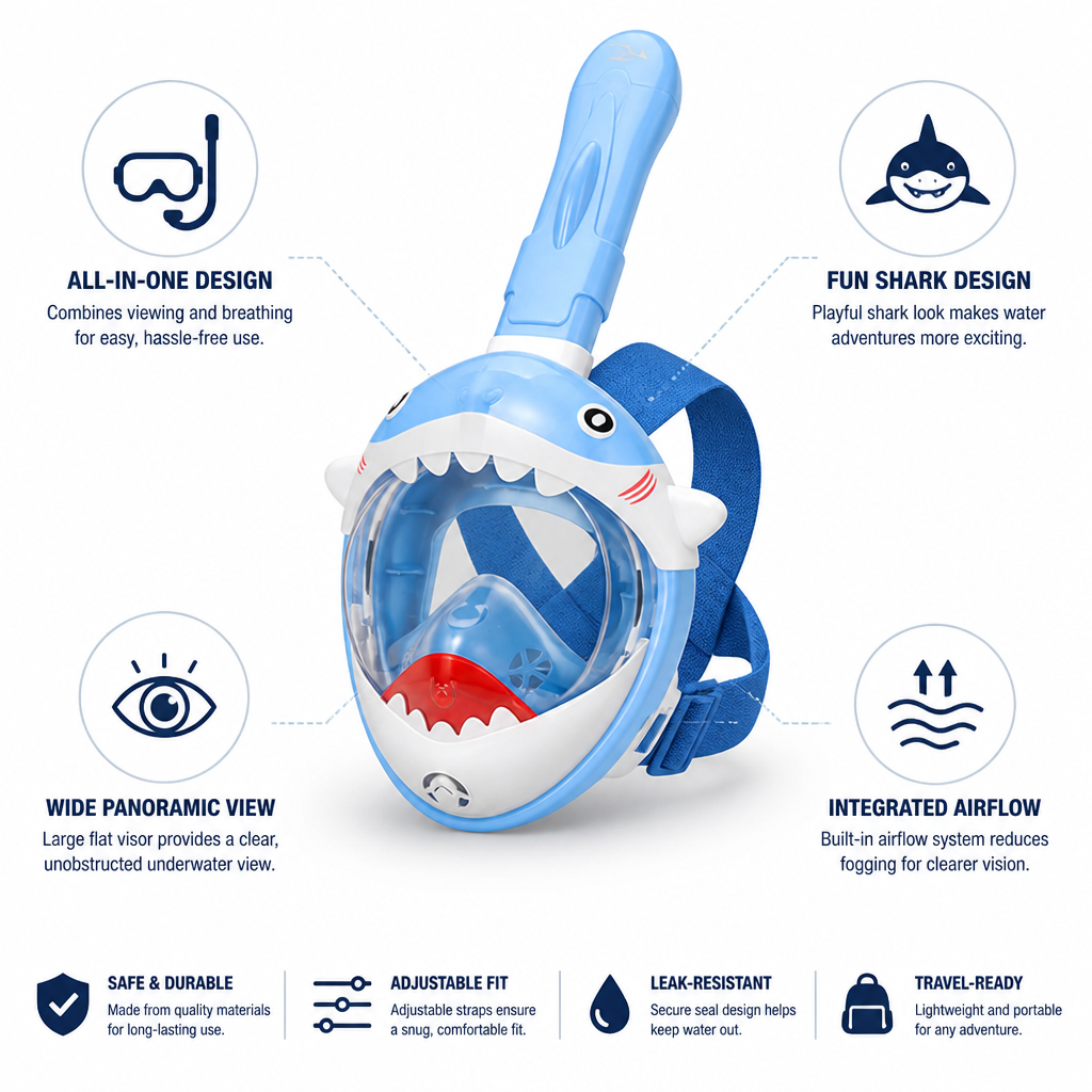 Snorkel Mask Kids Full-Face Shark Design Panoramic Visor