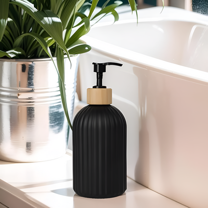 Soap Dispenser Ribbed Black Bamboo Pump 16.9 Fl Oz