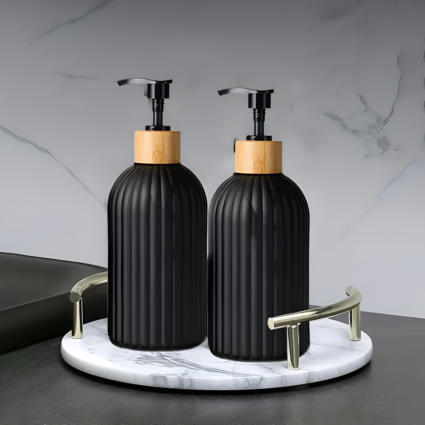 Soap Dispenser Ribbed Black Bamboo Pump 16.9 Fl Oz