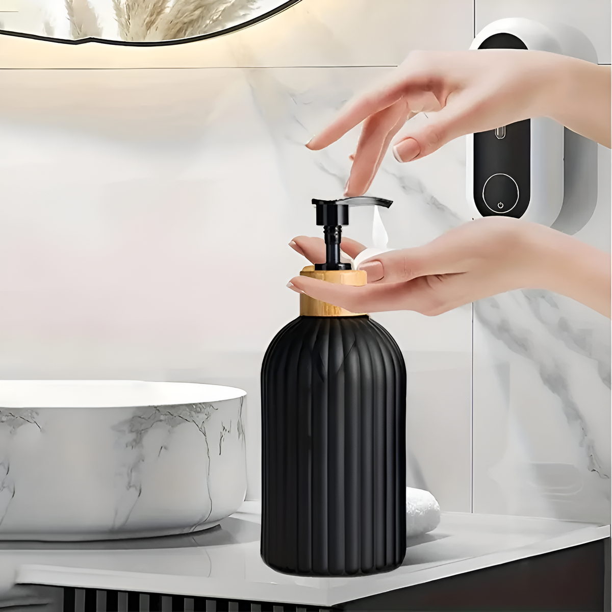 Soap Dispenser Ribbed Black Bamboo Pump 16.9 Fl Oz