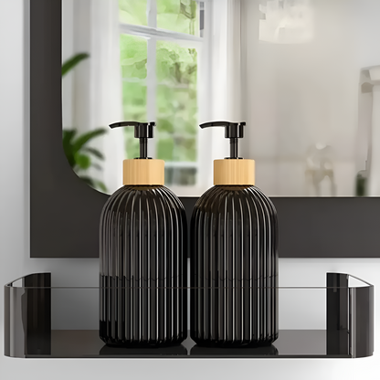 Soap Dispenser Ribbed Black Bamboo Pump 16.9 Fl Oz