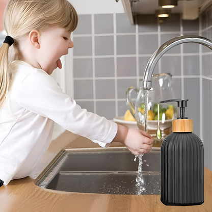 Soap Dispenser Ribbed Black Bamboo Pump 16.9 Fl Oz