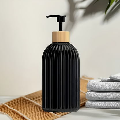 Soap Dispenser Ribbed Black Bamboo Pump 16.9 Fl Oz