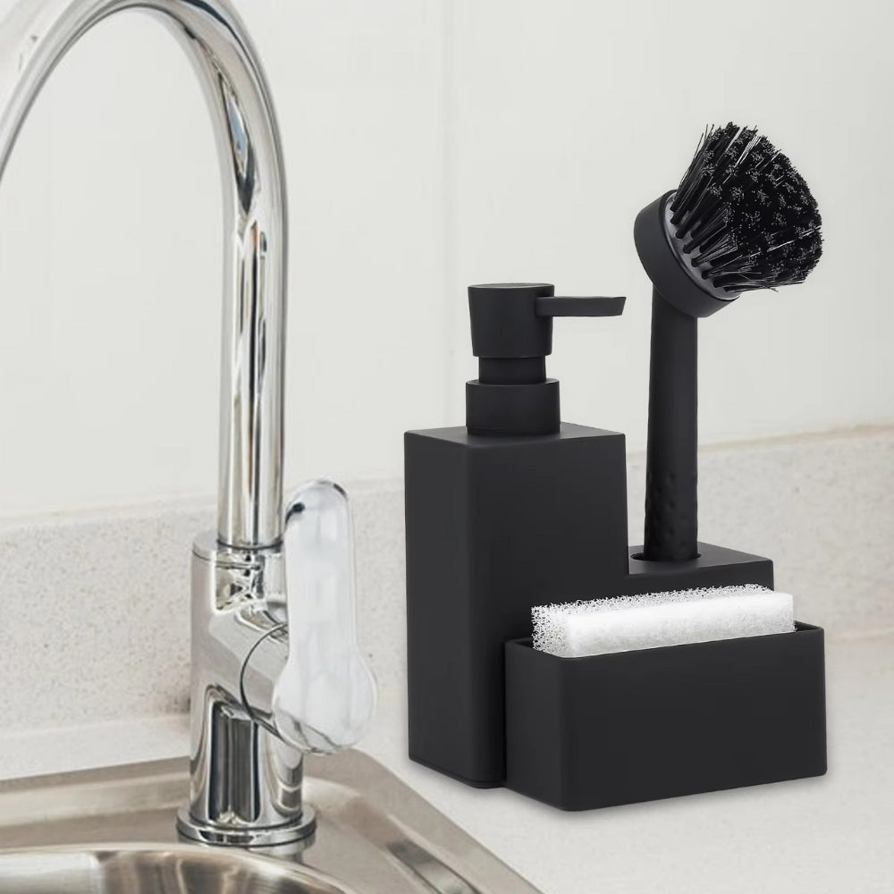 Soap Dispenser Set Matte Black & Wood Accents 320ml