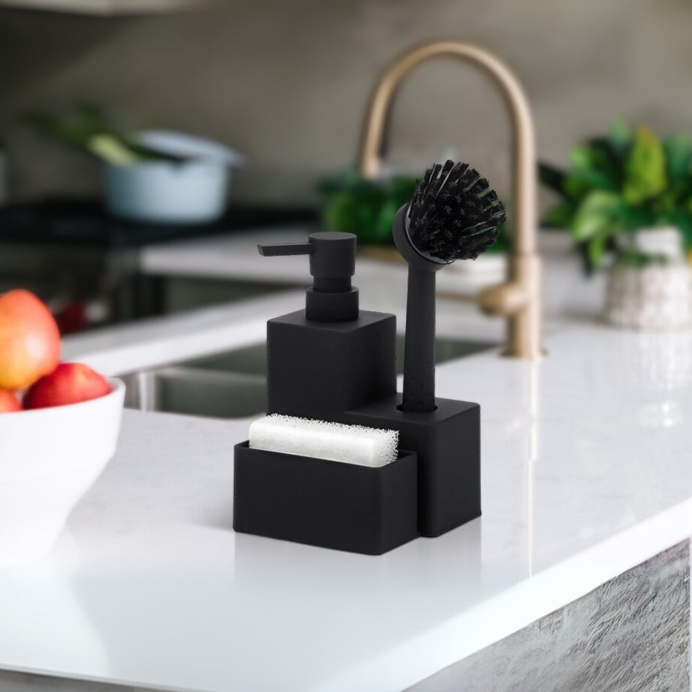 Soap Dispenser Set Matte Black & Wood Accents 320ml