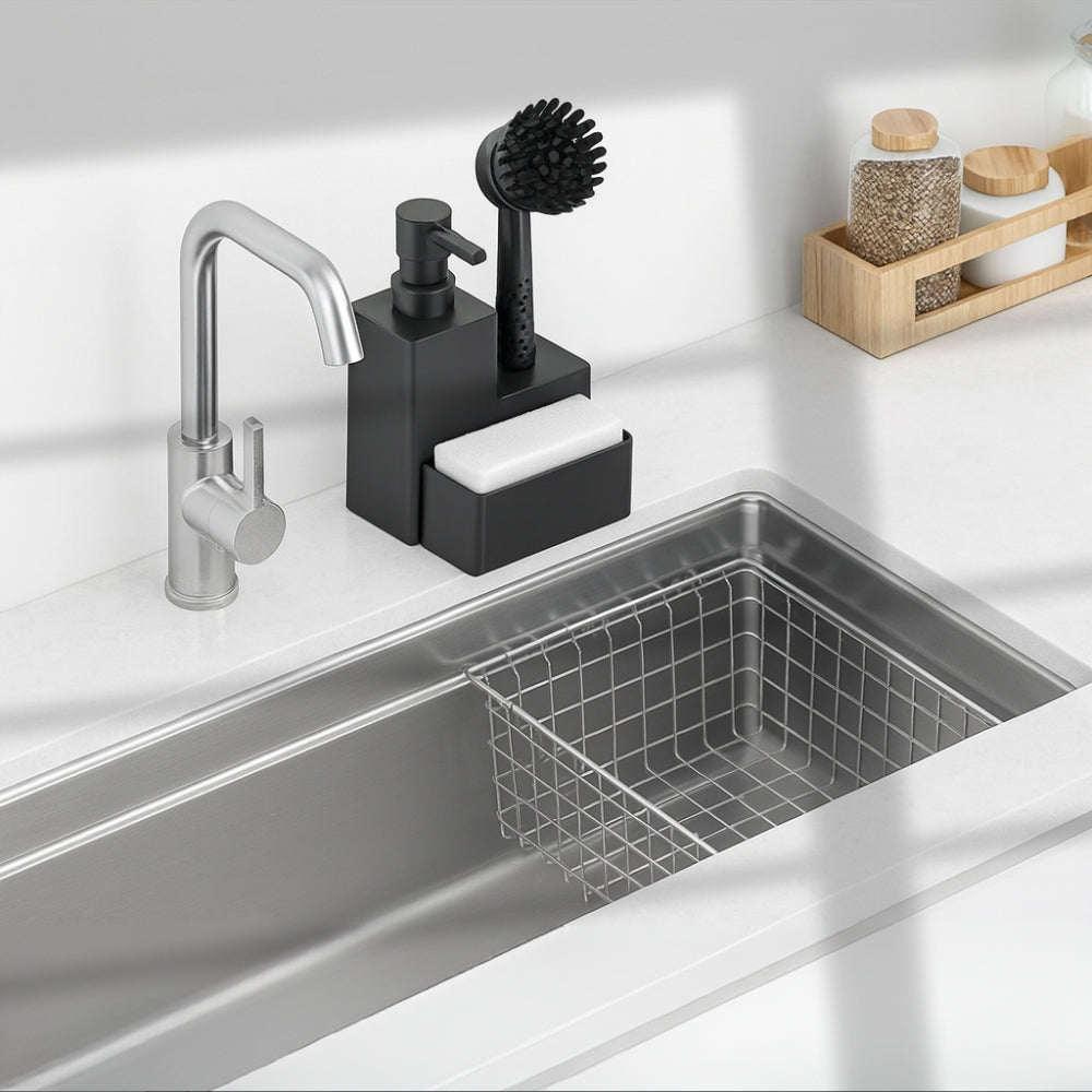 Soap Dispenser Set Matte Black & Wood Accents 320ml