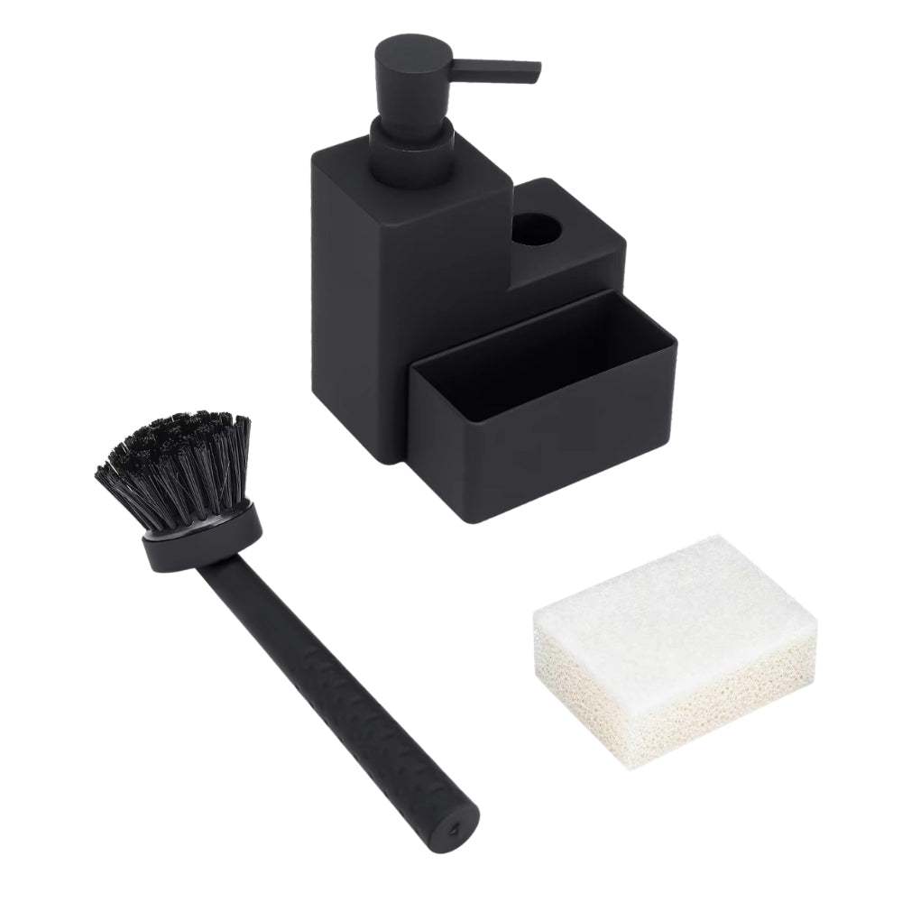 Soap Dispenser Set Matte Black & Wood Accents 320ml