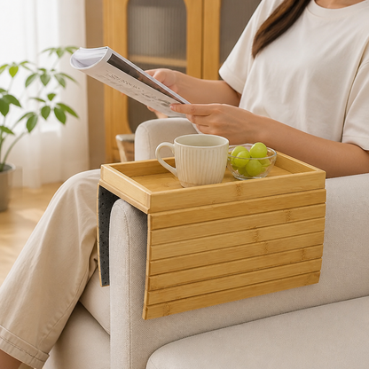 Sofa Armrest Tray Bamboo Adjustable Fit Integrated Storage